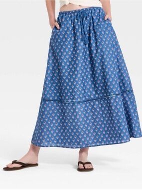 Target Blue Printed Maxi Full Skirt - Casual Drawstring Waist M
